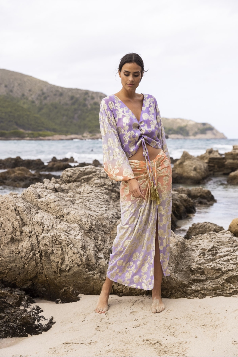 Saia Midi Shade - Pêssego/Lilás - Detalhes Dourados - Estilo Boho - Miss June Paris - 3