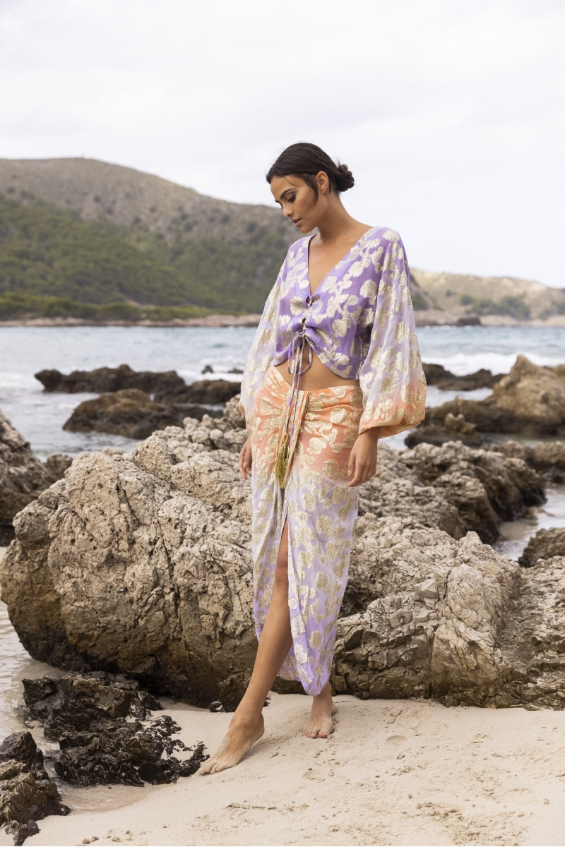 Falda Midi Shade - Melocotón/Lila - Detalles Dorados - Estilo Boho - Miss June Paris - 4