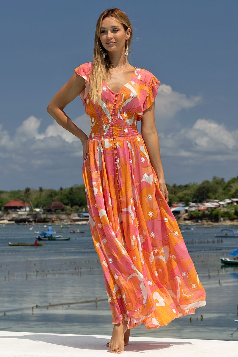 Vestido Largo Scarlett – rosa/naranja – estampado bohemio – escote en V – cinturón fruncido – Miss June Paris – 1