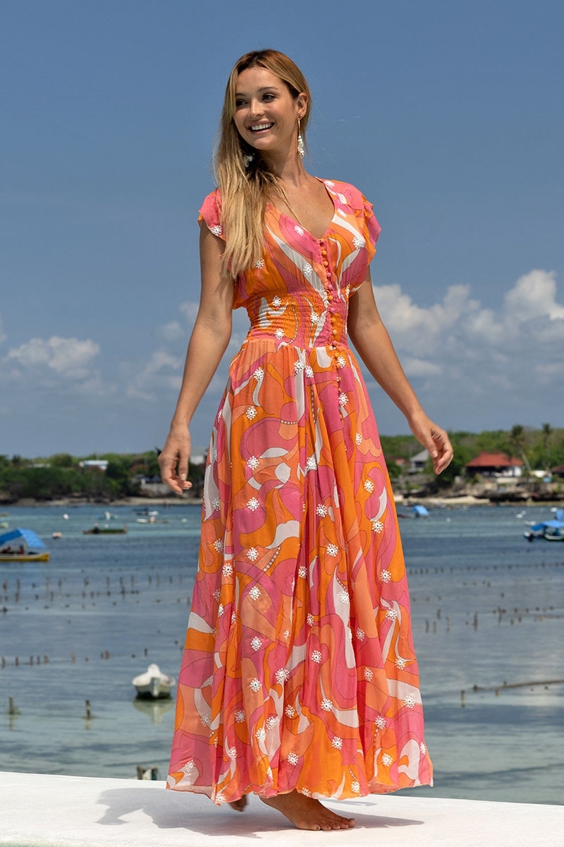 Robe Longue Scarlett - rose/orange - imprimé bohème - col V - ceinture smockéé - Miss June Paris - 2