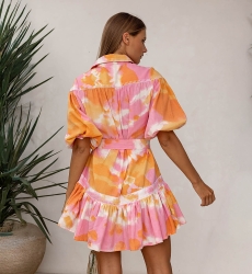 Robe Courte Victoria - rose/orange -manche courte - motif tie & dye - ceinture assortie - bohème  - Miss June Paris - 2