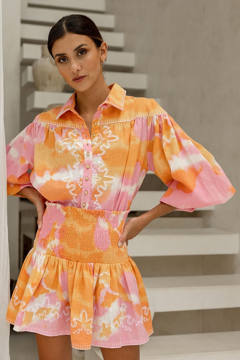 Jupe Lelya - orange/rose - détails brodés - style smocké - motif tie & dye - bohème  - Miss June Paris - 3