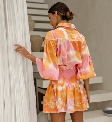 Falda Lelya – naranja/rosa – detalles bordados – estilo fruncido – estampado tie-dye – bohemio – Miss June Paris – 5