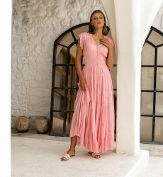 Langes Kleid Rosanna - rosa - kurze Ärmel - V-Ausschnitt - gesmokte Taille - bohemien - Miss June Paris - 3