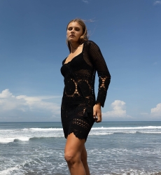 Amelia Short Dress - Black - Adjustable Neckline - Crochet Dress - Long Sleeves - Boho Style - Miss June Paris - 2