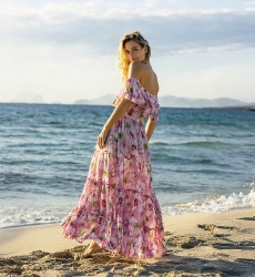 Robe Longue Roses - rose/multicouleur - manche courte  -épaules dénudées - fleurie -  - Miss June Paris - 8