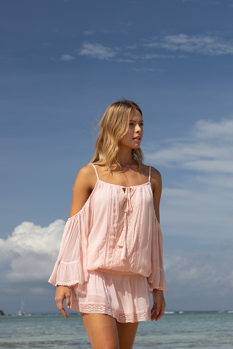 Vestido Corto LOVELY – Azul o Petal – Manga larga – Hombros descubiertos – Boho Chic – Miss June Paris – 7