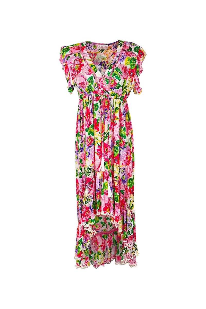 Abito Lungo Holy - Rosa - Stampa Floreale - Maniche Corte - Scollo a V - Coulisse in Vita - Boho - Miss June Paris - 2