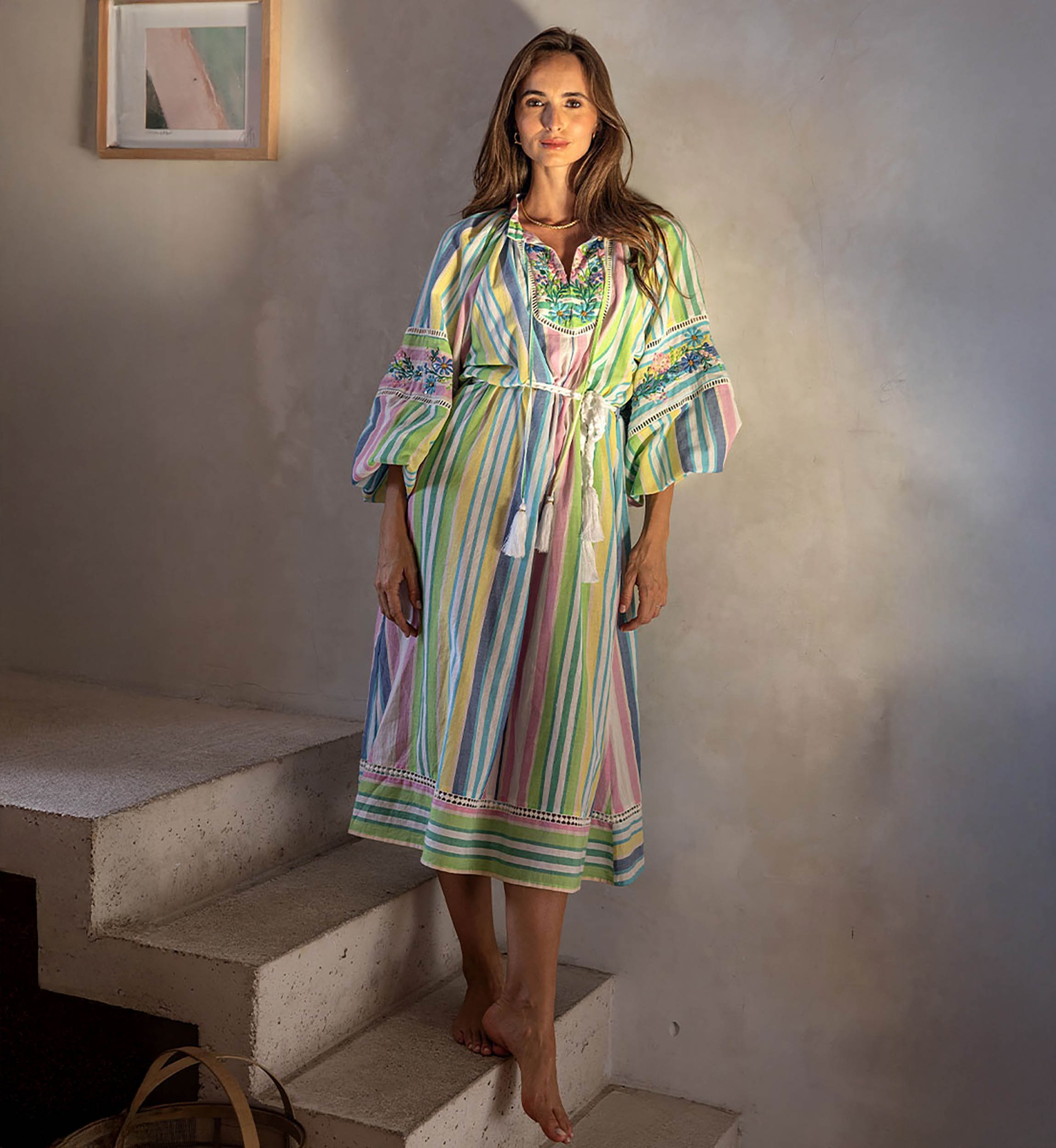 Vestido largo Veronica - estampado de rayas - manga larga abullonada - cinturón a juego - Miss June Paris - 4