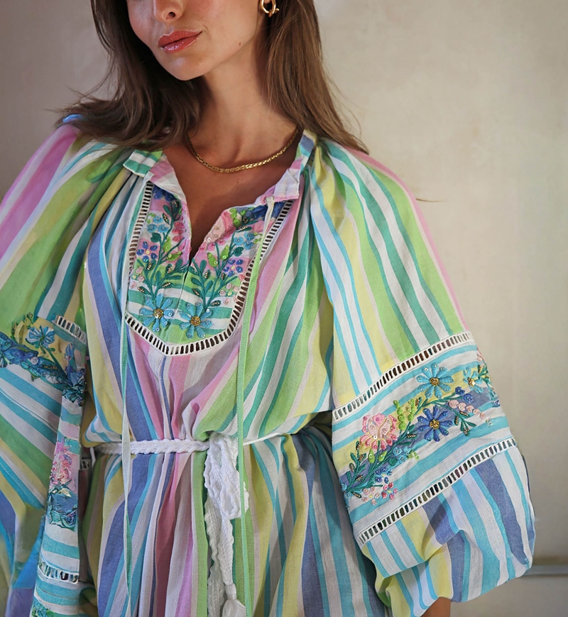 Vestido largo Veronica - estampado de rayas - manga larga abullonada - cinturón a juego - Miss June Paris - 5