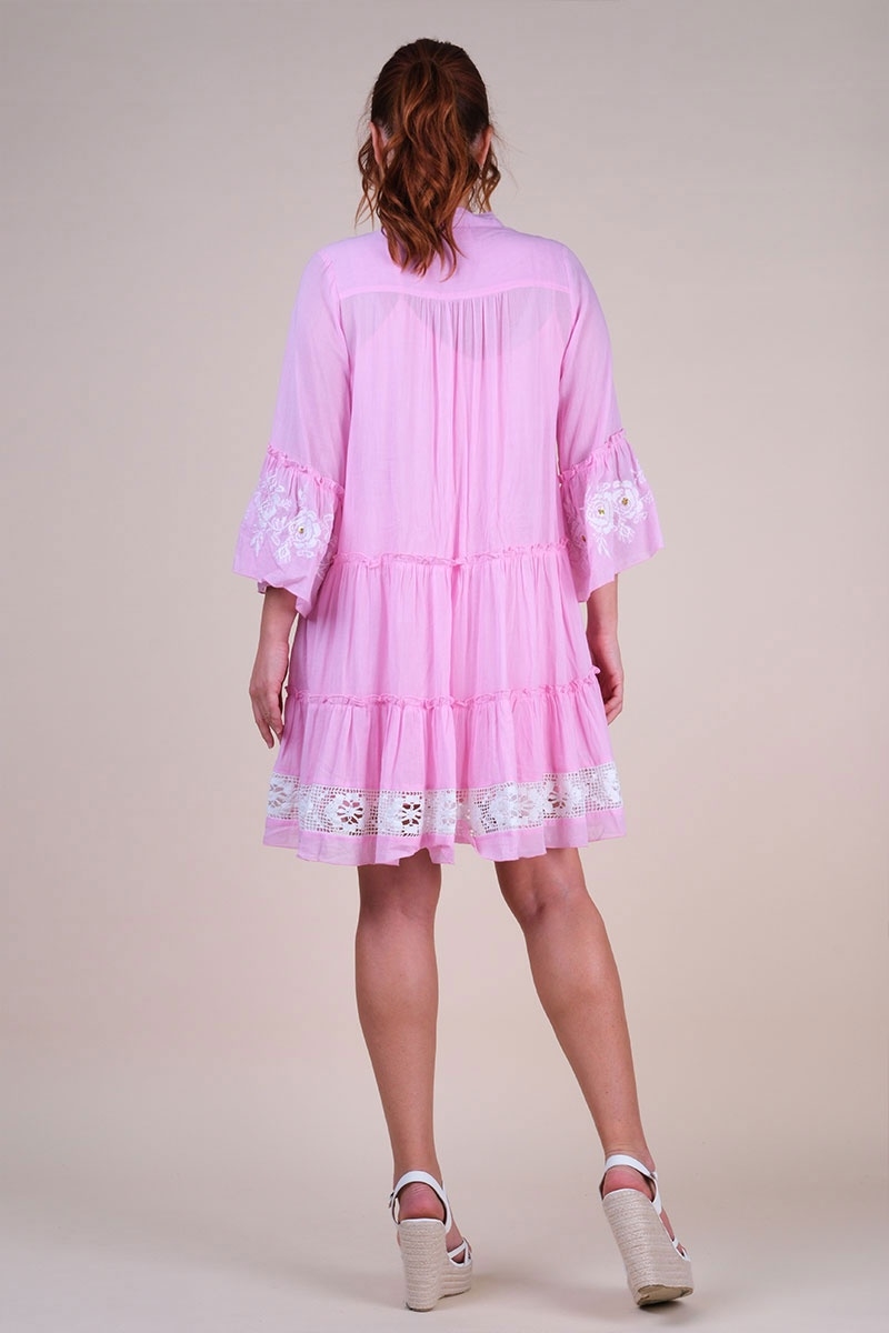 Vestido corto Cecilia - rosa con bordado blanco - delicado encaje - textura refinada - Miss June Paris - 7