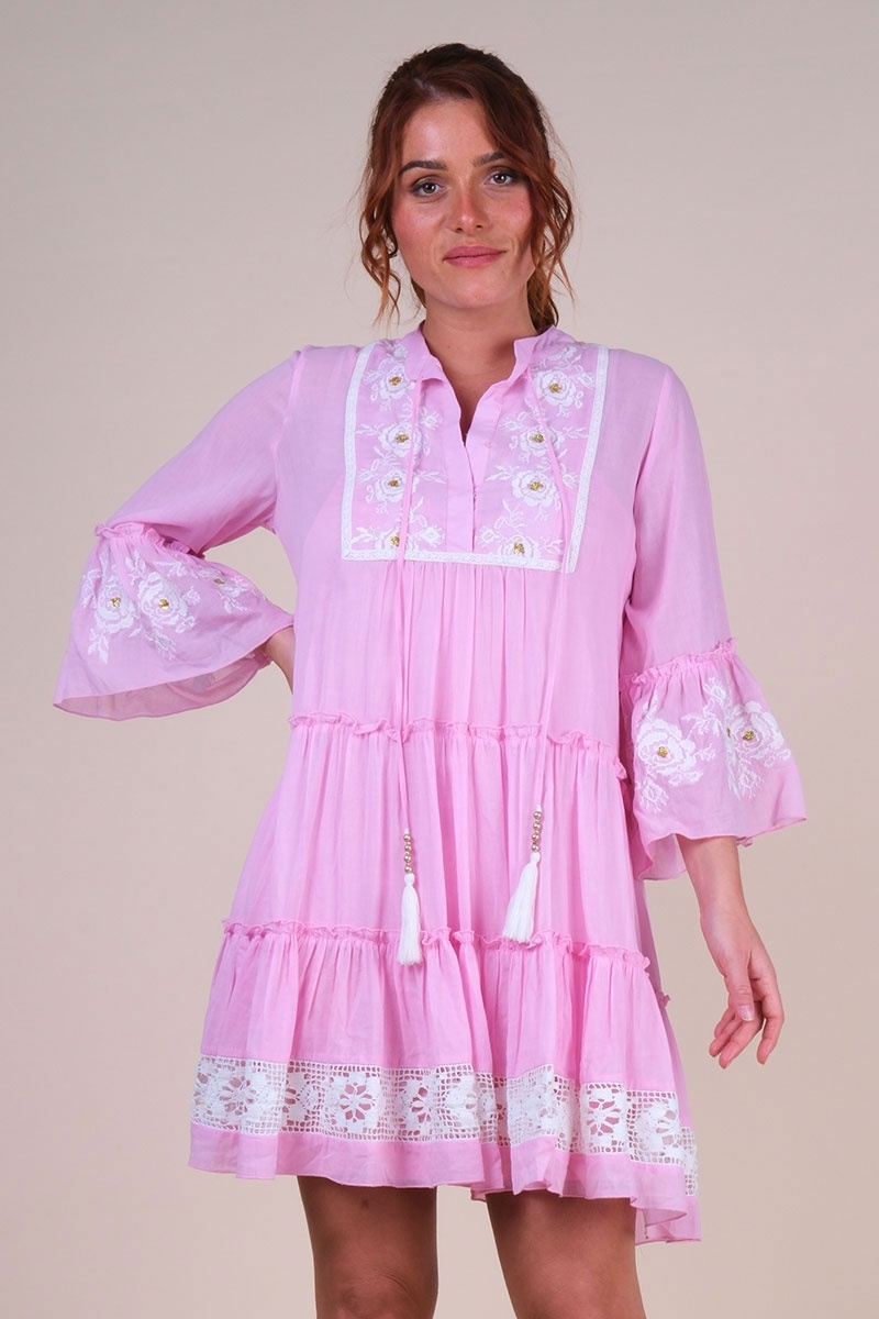 Cecilia short dress - pink with white embroidery - delicate lace - refined texture - Miss June Paris - 5