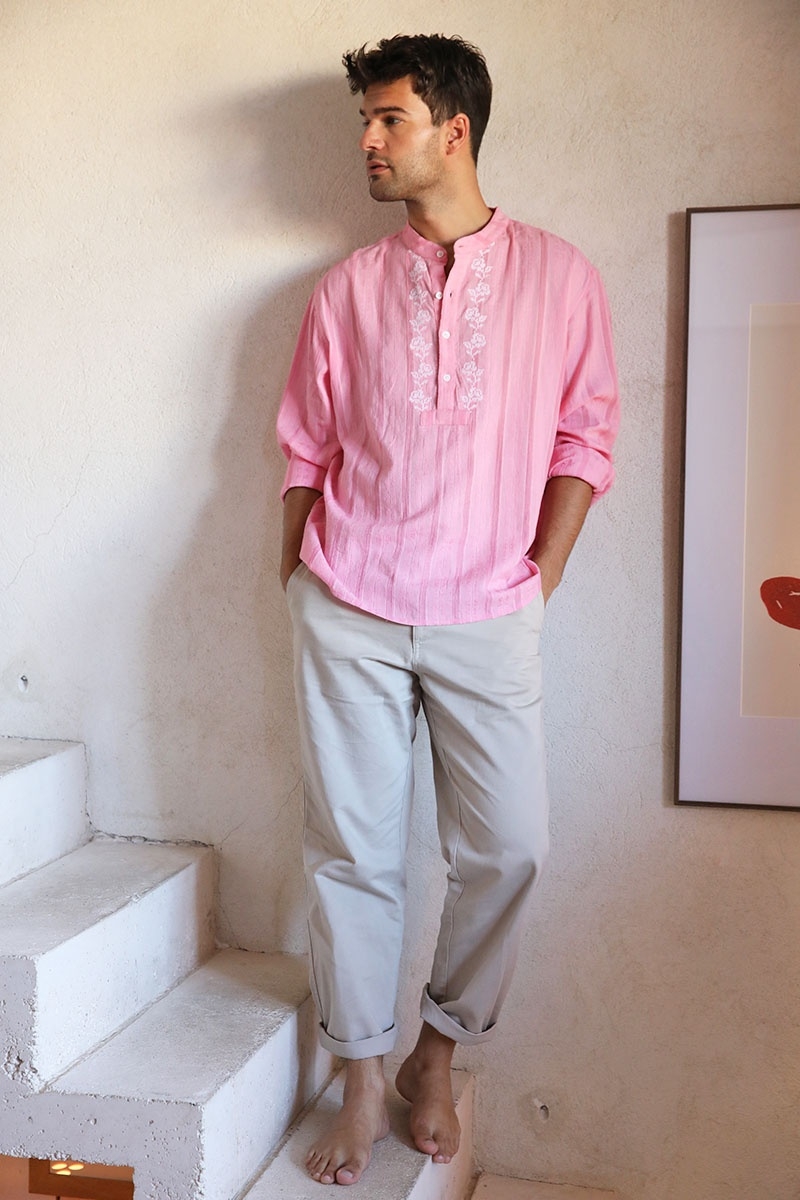 Camisa Jerico – rosa con detalles bordados en blanco – mangas largas – colección Shay – Miss June Paris – 5