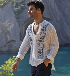 Chemise Cocora - blanche - broderies bleues - manche longue - collection Shay - Miss June Paris - 5