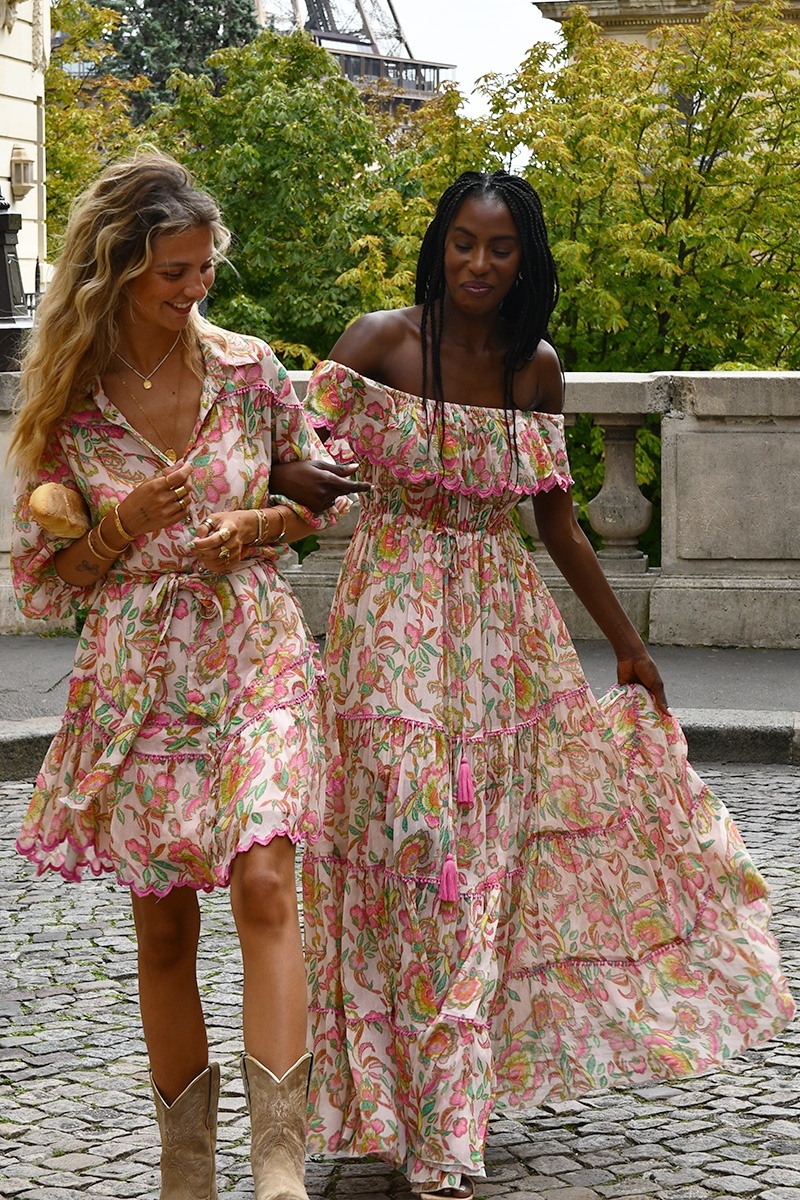 Vestido largo Karina - colores vivos - estampado floral - hombros descubiertos - Miss June Paris - 5