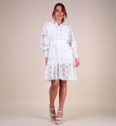 Abito corto Oriana - bianco - maniche lunghe - polsini smocked - ricamo delicato - Miss June Paris - 5