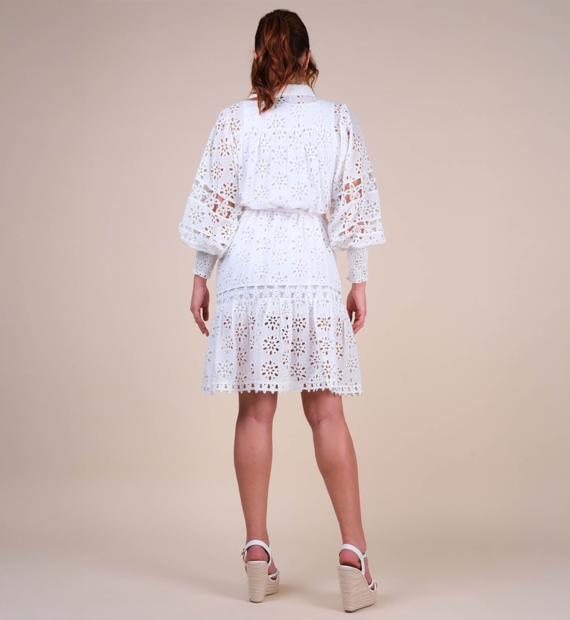 Abito corto Oriana - bianco - maniche lunghe - polsini smocked - ricamo delicato - Miss June Paris - 6