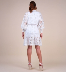 Abito corto Oriana - bianco - maniche lunghe - polsini smocked - ricamo delicato - Miss June Paris - 6