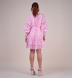 Vestido corto Oriana - rosado - manga larga - puños fruncidos - bordado delicado - Miss June Paris - 6