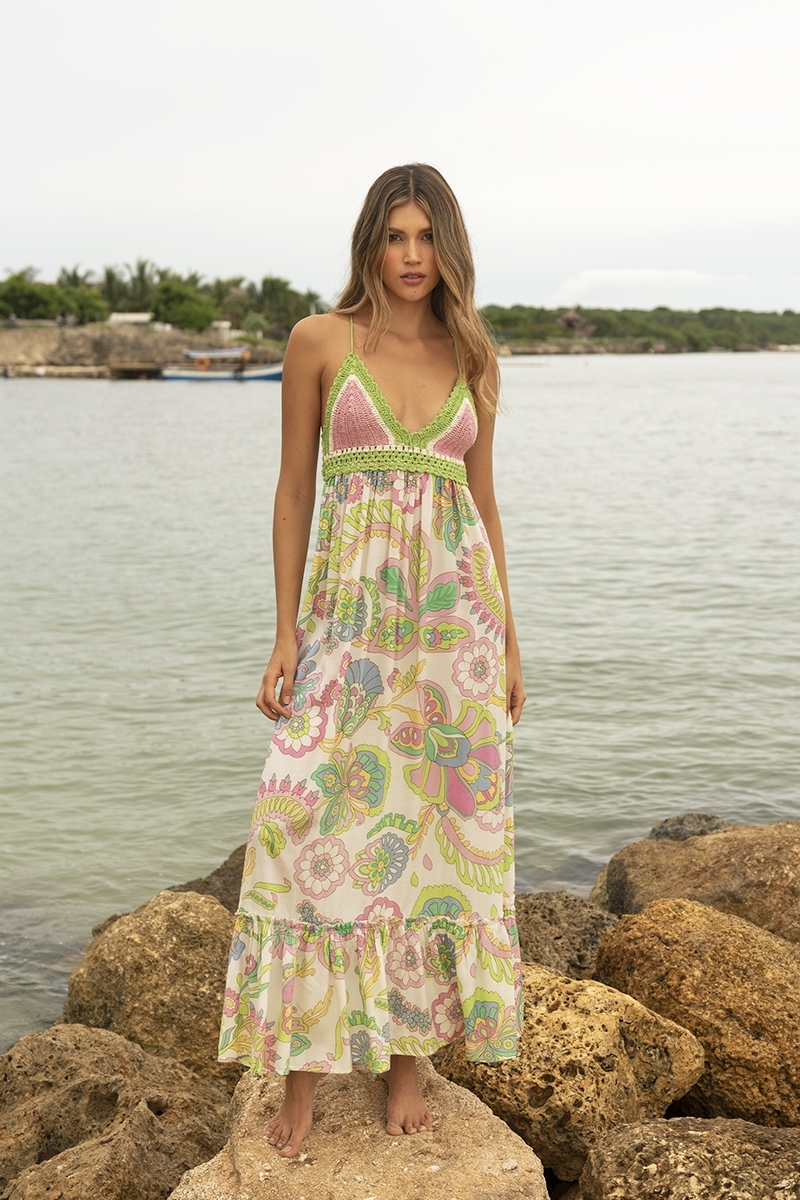 Robe Longue Hortensia: multicouleur - motif floral - haut en crochet - bretelles fines - Miss June Paris - 2