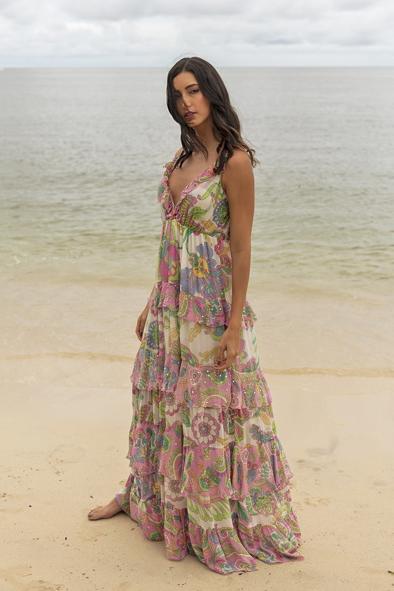 Robe Longue Ingrid: multicouleur - imprimé fleuri - bretelles - taille unique M/L - volants fluids - Miss June Paris - 3