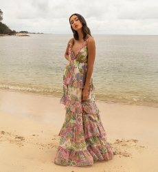 Long Dress Ingrid: multicolor - floral print - straps - one size M/L - fluid ruffles - Miss June Paris - 1