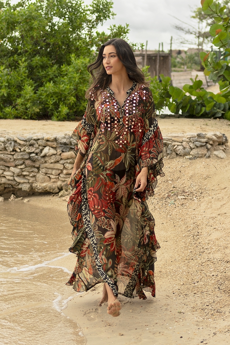 Caftan long Esperanza - preto - estampa vegetal - babador adornado com espelhos brilhantes - Miss June Paris - 1