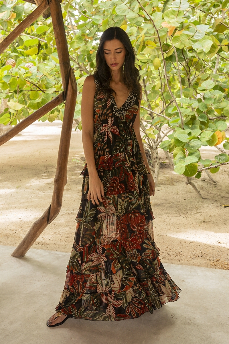 Vestido Largo Floriana: negro - estampado tropical - tirantes - volantes fluidos - Miss June Paris - 3