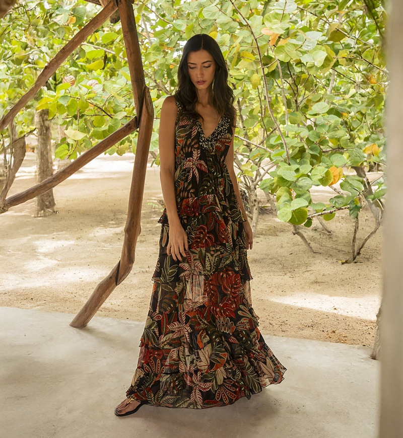 Abito Lungo Floriana: nero - stampa tropicale - spalline - volant fluidi - Miss June Paris - 3