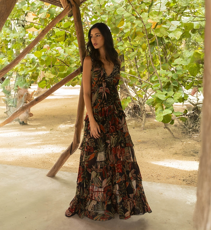 Abito Lungo Floriana: nero - stampa tropicale - spalline - volant fluidi - Miss June Paris - 1