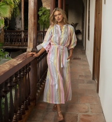 Vestido Largo Alessandra: multicolor - a rayas - pecho adornado con pequeños espejos - mangas largas - Miss June Paris - 3