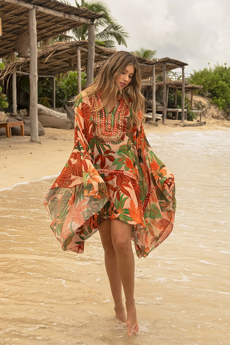 Aleida Short Caftan: orange/multicolor - tropical print - luminous chest - Miss June Paris - 1