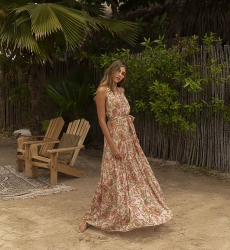 Vestido Largo Marcella: rosa/multicolor - estampado floral - escote atado - cinturón a juego - Miss June Paris - 2