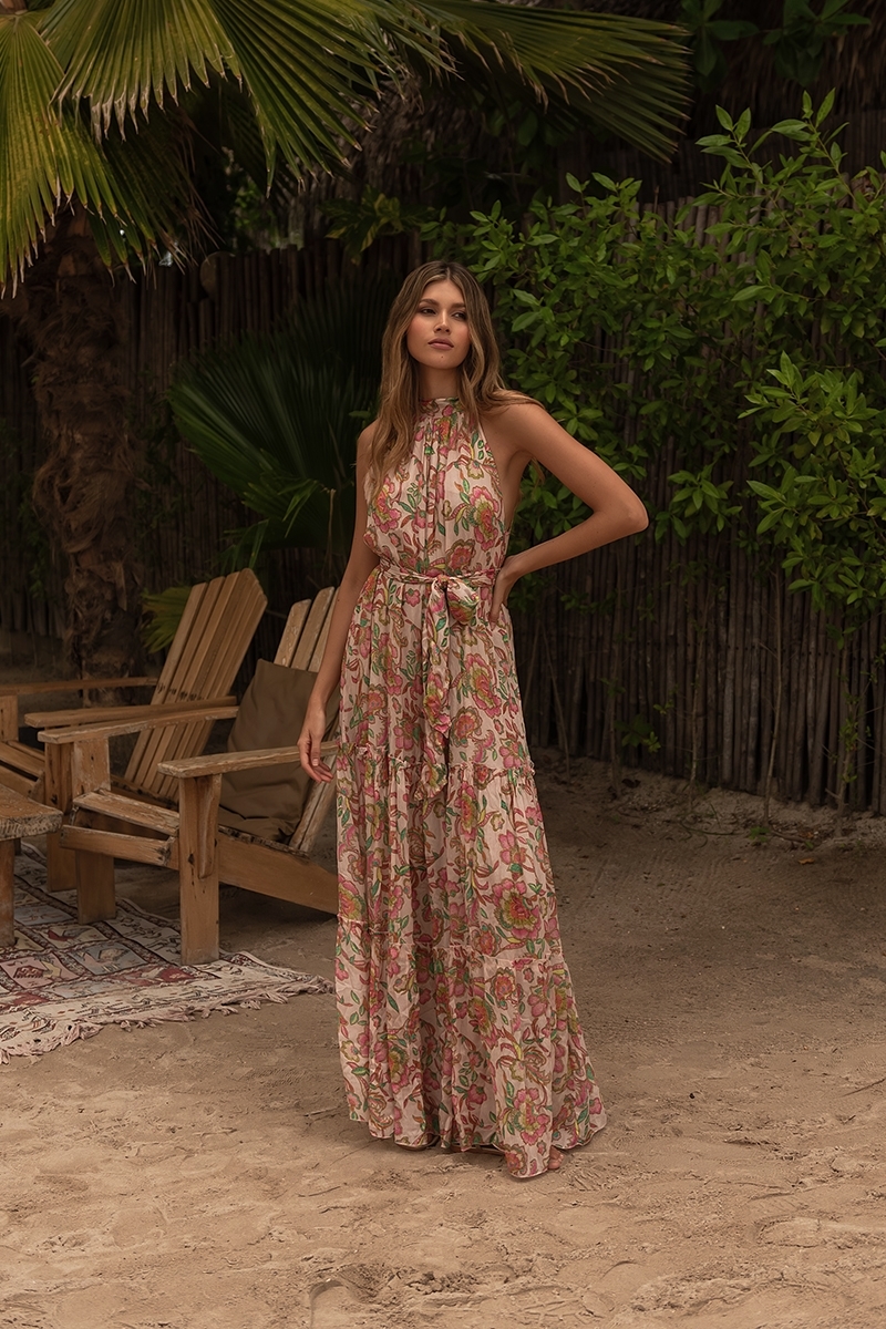 Vestido Largo Marcella: rosa/multicolor - estampado floral - escote atado - cinturón a juego - Miss June Paris - 4