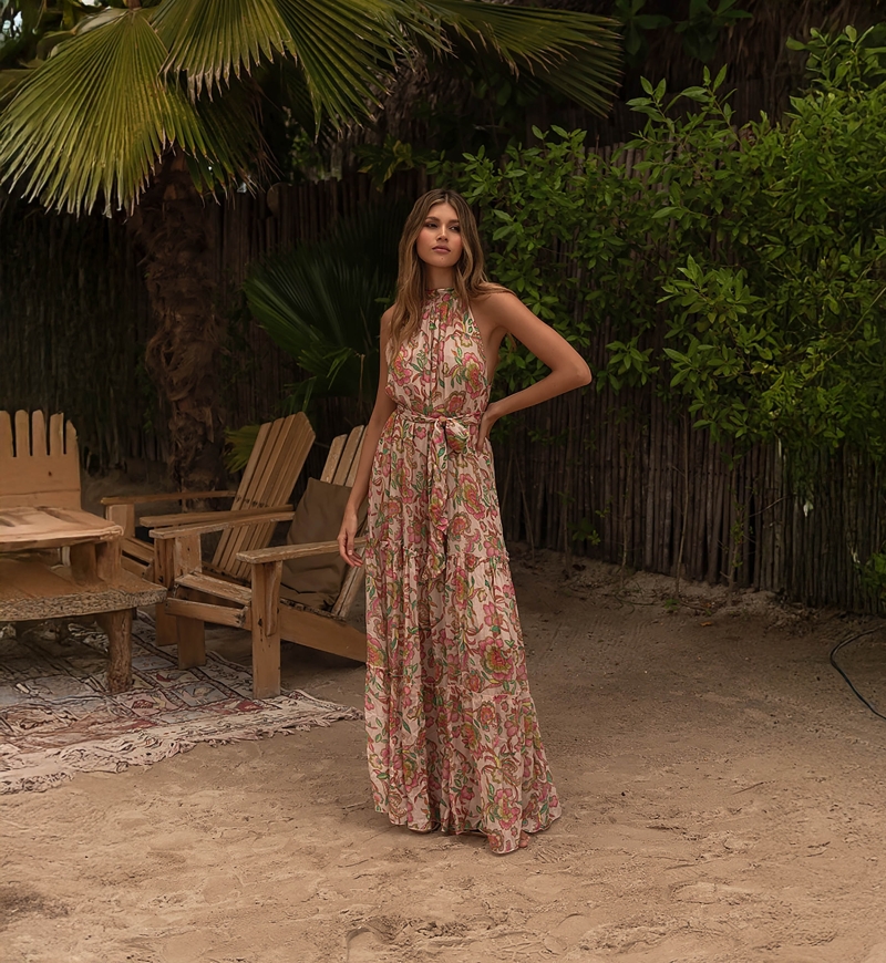 Vestido Largo Marcella: rosa/multicolor - estampado floral - escote atado - cinturón a juego - Miss June Paris - 4