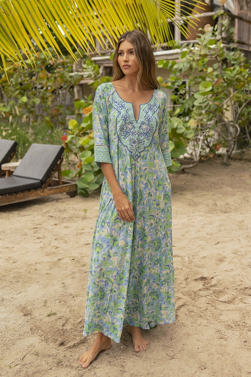 Mariana long dress - green/blue- floral print - Miss June Paris - 1