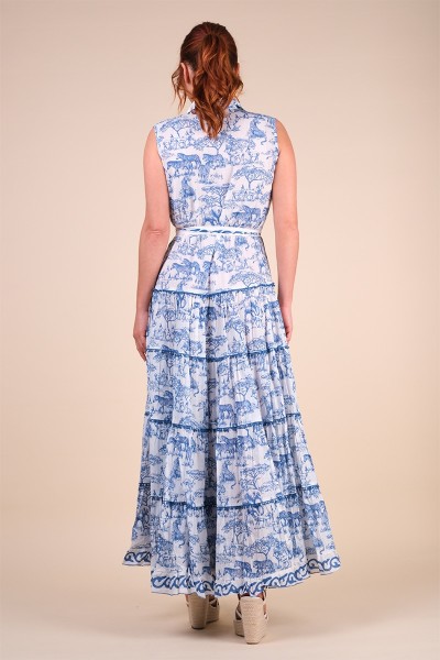 Georgina long dress - white - blue savannah motifs - fully buttoned - sleeveless - Miss June Paris - 7