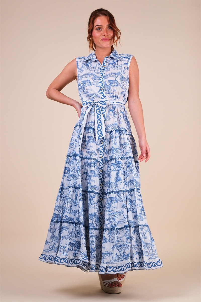 Georgina long dress - white - blue savannah motifs - fully buttoned - sleeveless - Miss June Paris - 5