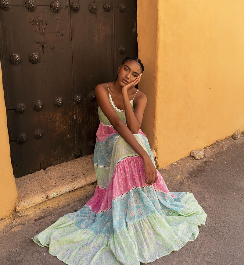 Robe longue Sandra - bohème multicolor - robe à bretelles - Miss June Paris - 1