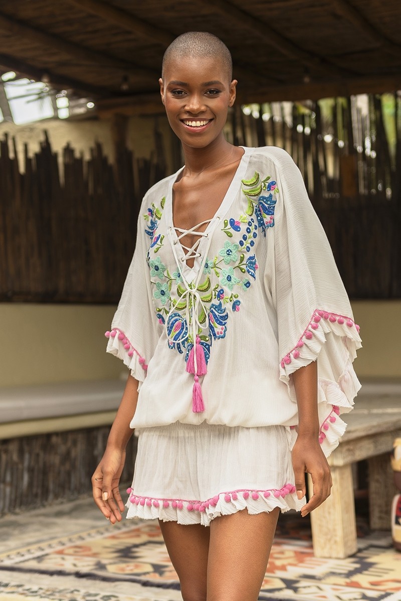 Nubia short dress - delicate embroidery - luminous sequins - low neckline - Miss June Paris - 1