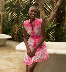 Vestido curto Melisa - estampa floral rosa neon - bordado espelhado brilhante - Miss June Paris - 2