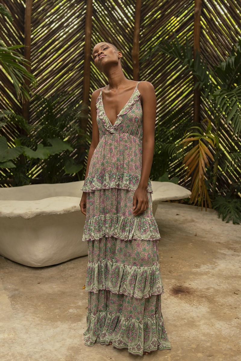 Pamela long dress - pastel pink - green and purple prints - V neckline - sparkling details - Miss June Paris - 1