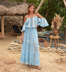 Vestido largo Karena - vestido azul - estampado floral blanco - hombros descubiertos - tirantes - Miss June Paris - 2