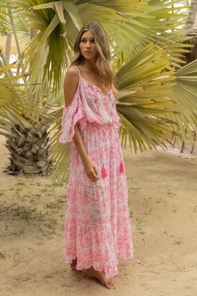 Karena long dress - white dress - pink floral print - bare shoulders - straps - Miss June Paris - 1