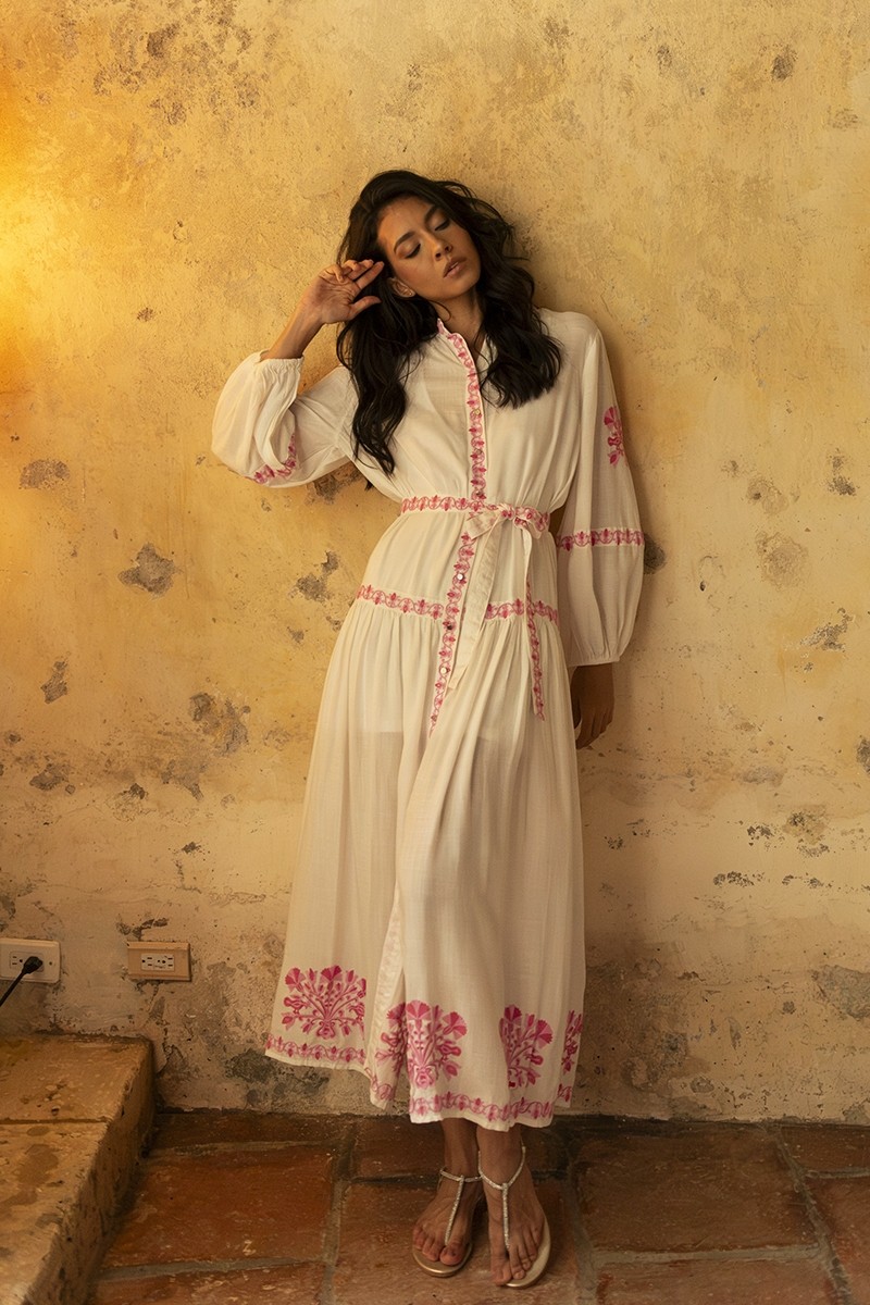 Katerina long dress - white - adorned with pink embroidery - embroidered belt - silver buttons - Miss June Paris - 1