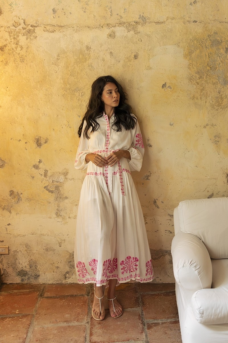 Katerina long dress - white - adorned with pink embroidery - embroidered belt - silver buttons - Miss June Paris - 2