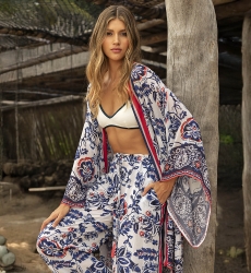 Pantalón Rocio - pantalón para mujer fluido - blanco - estampado floral rojo y azul - Miss June Paris - 2