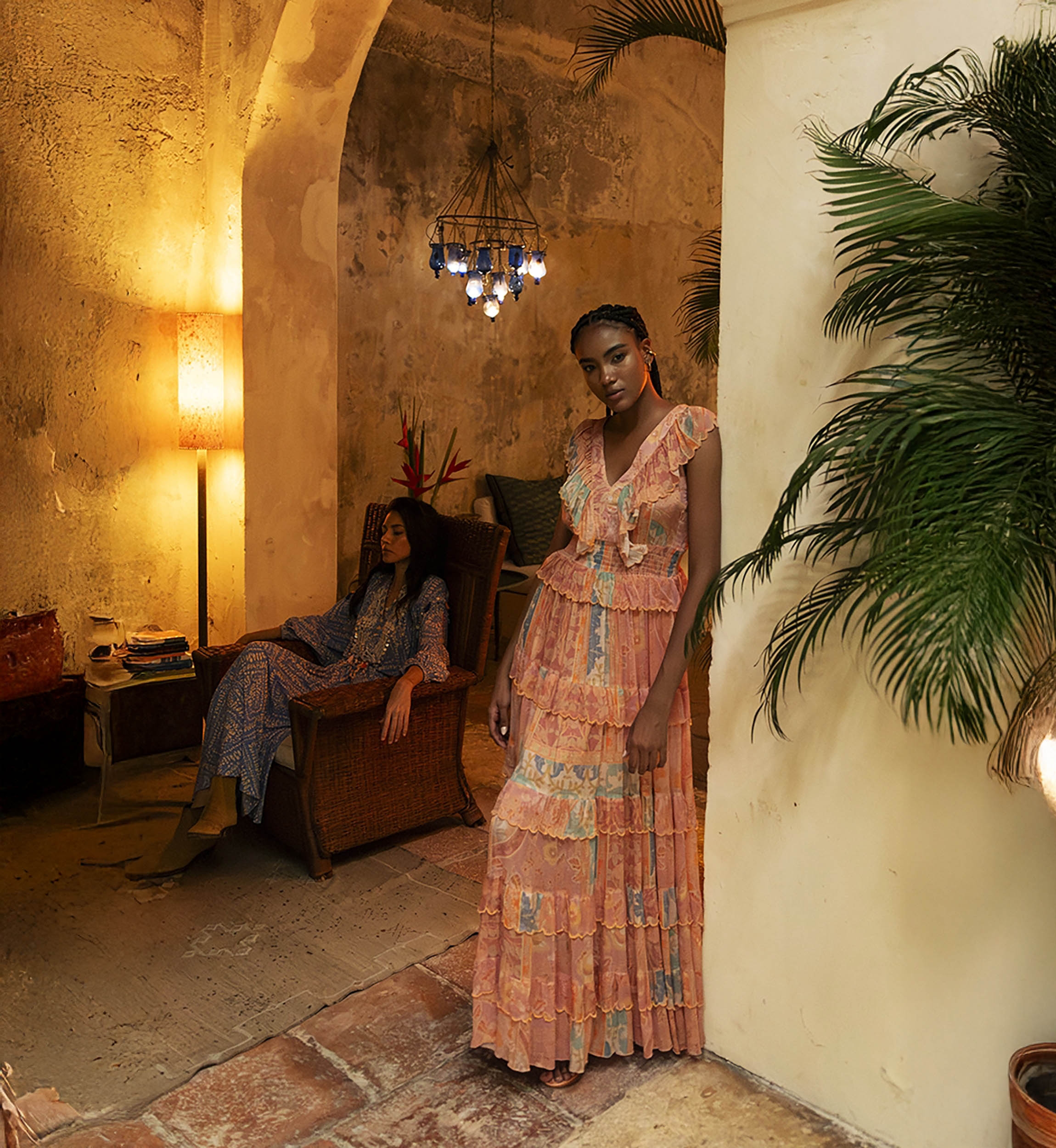 Estefania long dress - ruffled dress - V-neck - peach - floral print - Miss June Paris - 3