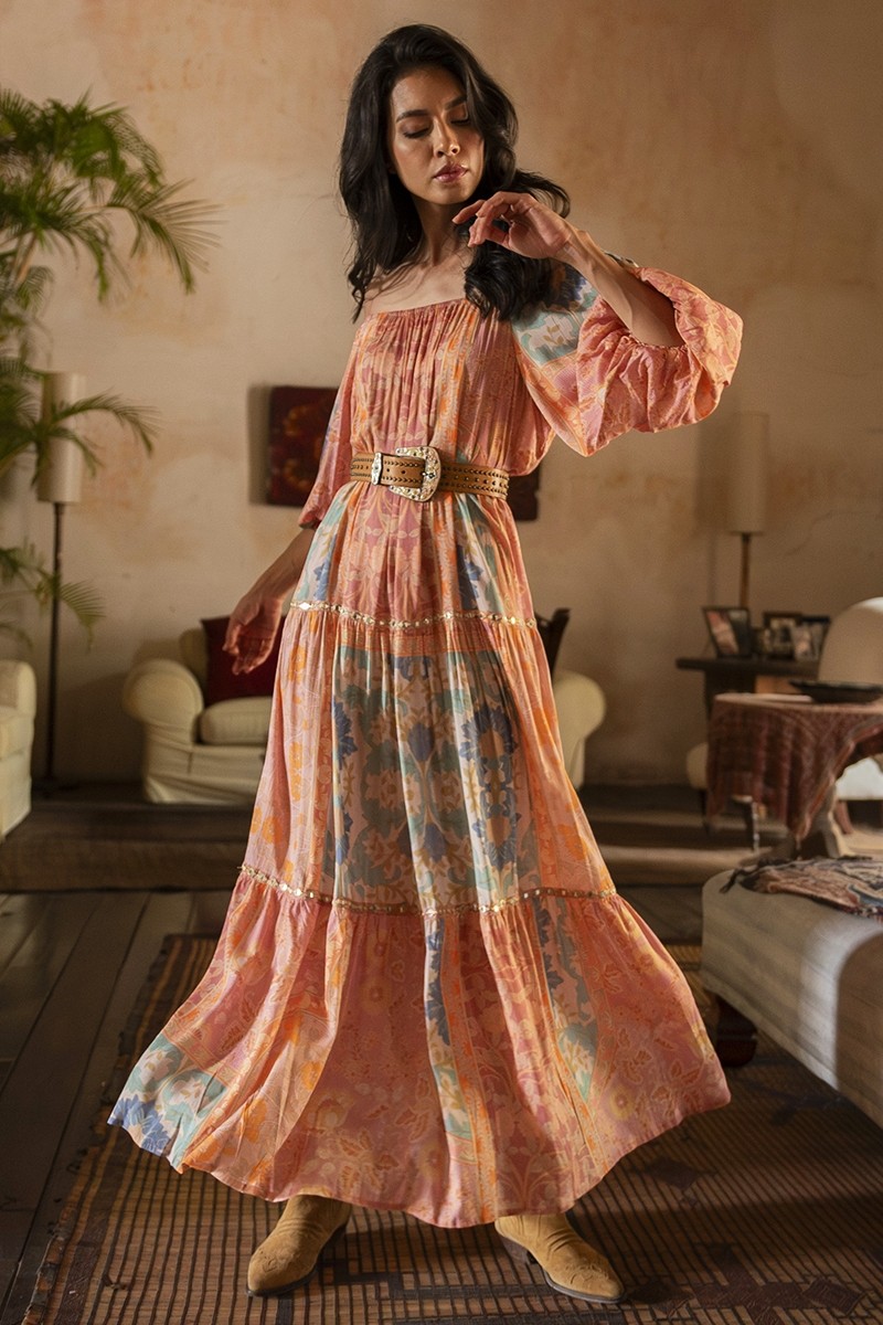 Martina long dress - peach - floral print - puffed sleeves - matching belt - bare shoulders - Miss June Paris - 3