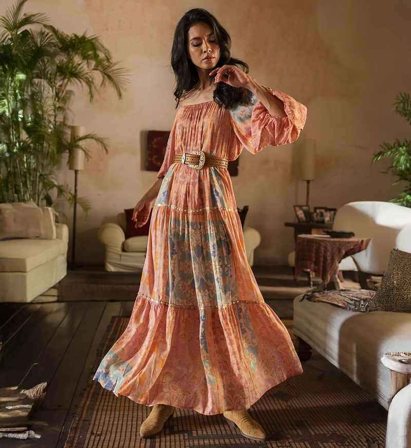 Vestido largo Martina - melocotón - estampado - mangas abullonadas - cinturón - hombros descubiertos - Miss June Paris - 3